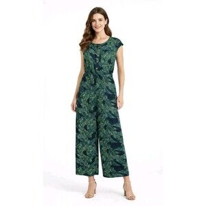 Worthington Women Wide Leg Jumpsuit L Tropical Leaf Elastic Waist Elegant